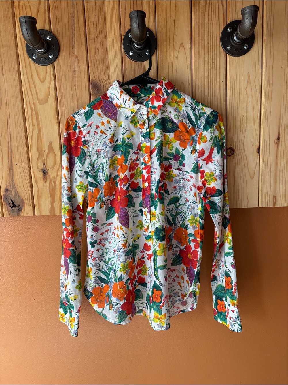 J. Crew Floral Button-Up Shirt - White with Green, Orange and Red